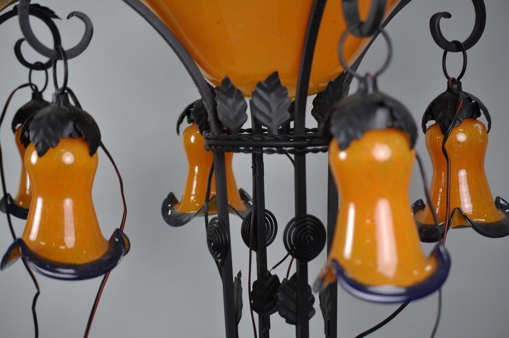 Art Deco Iron Floor Lamps w/ Orange Glass