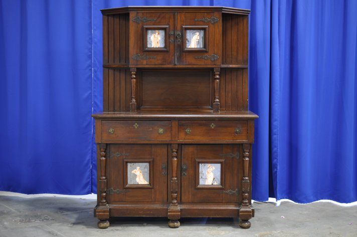 Vintage Wooden Sideboard with Decorative Tile Insets
