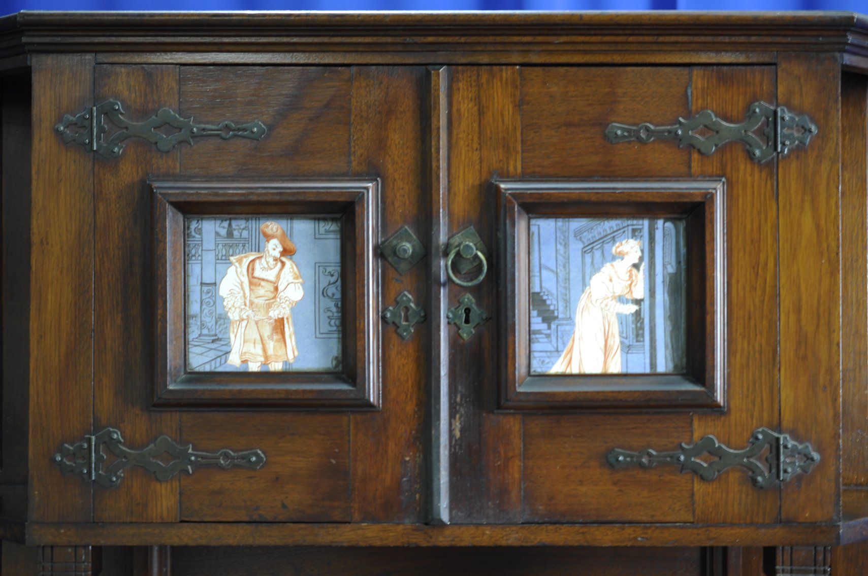 Vintage Wooden Sideboard with Decorative Tile Insets