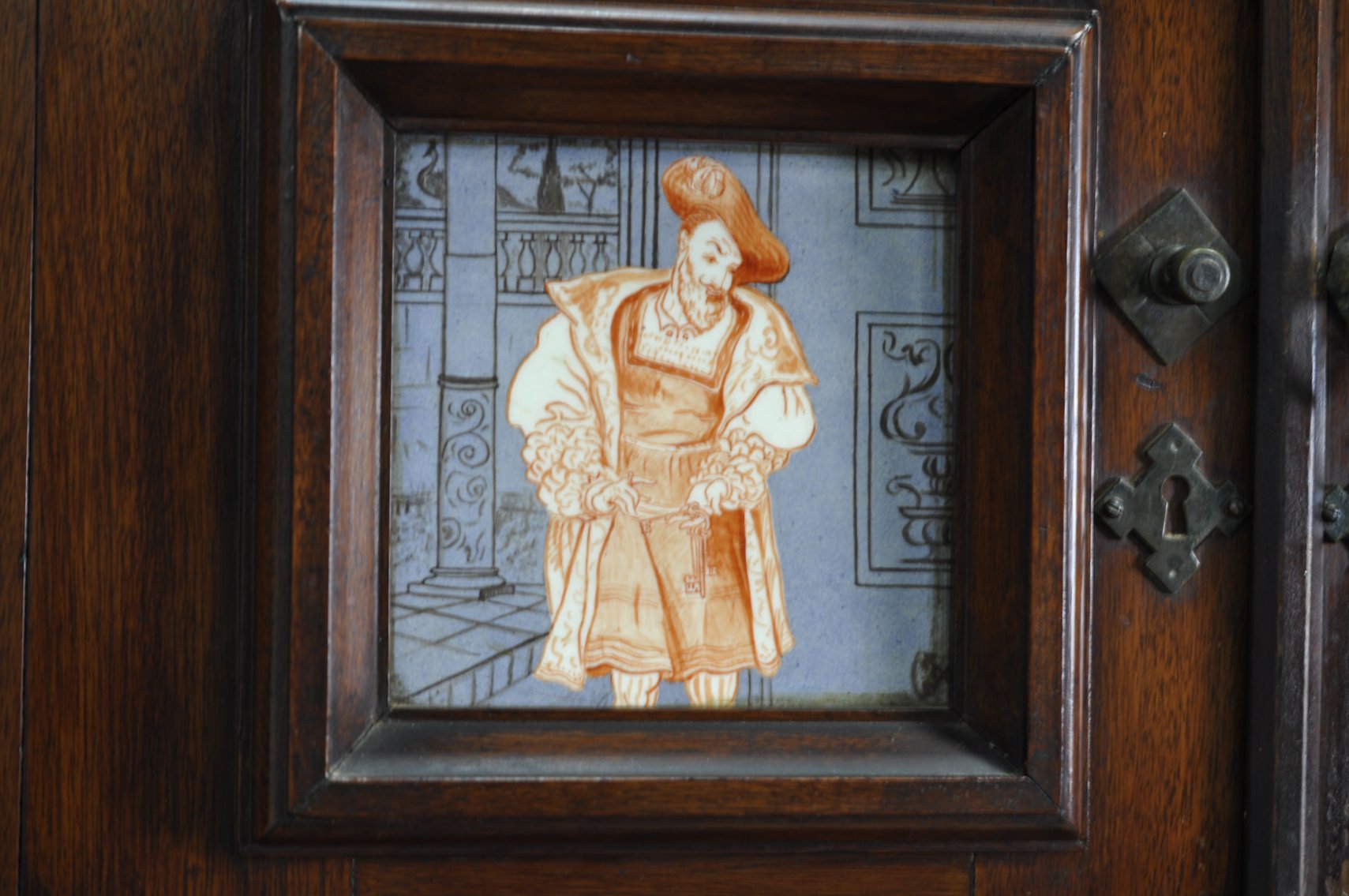 Vintage Wooden Sideboard with Decorative Tile Insets