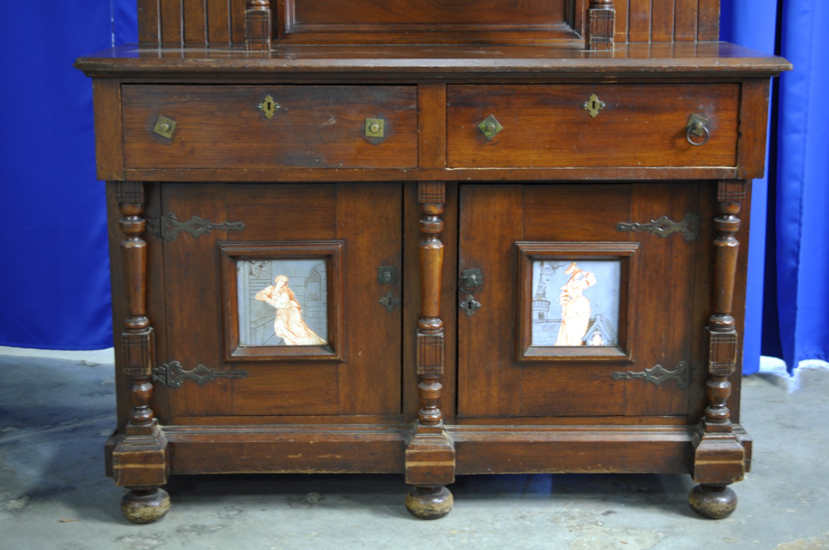 Vintage Wooden Sideboard with Decorative Tile Insets