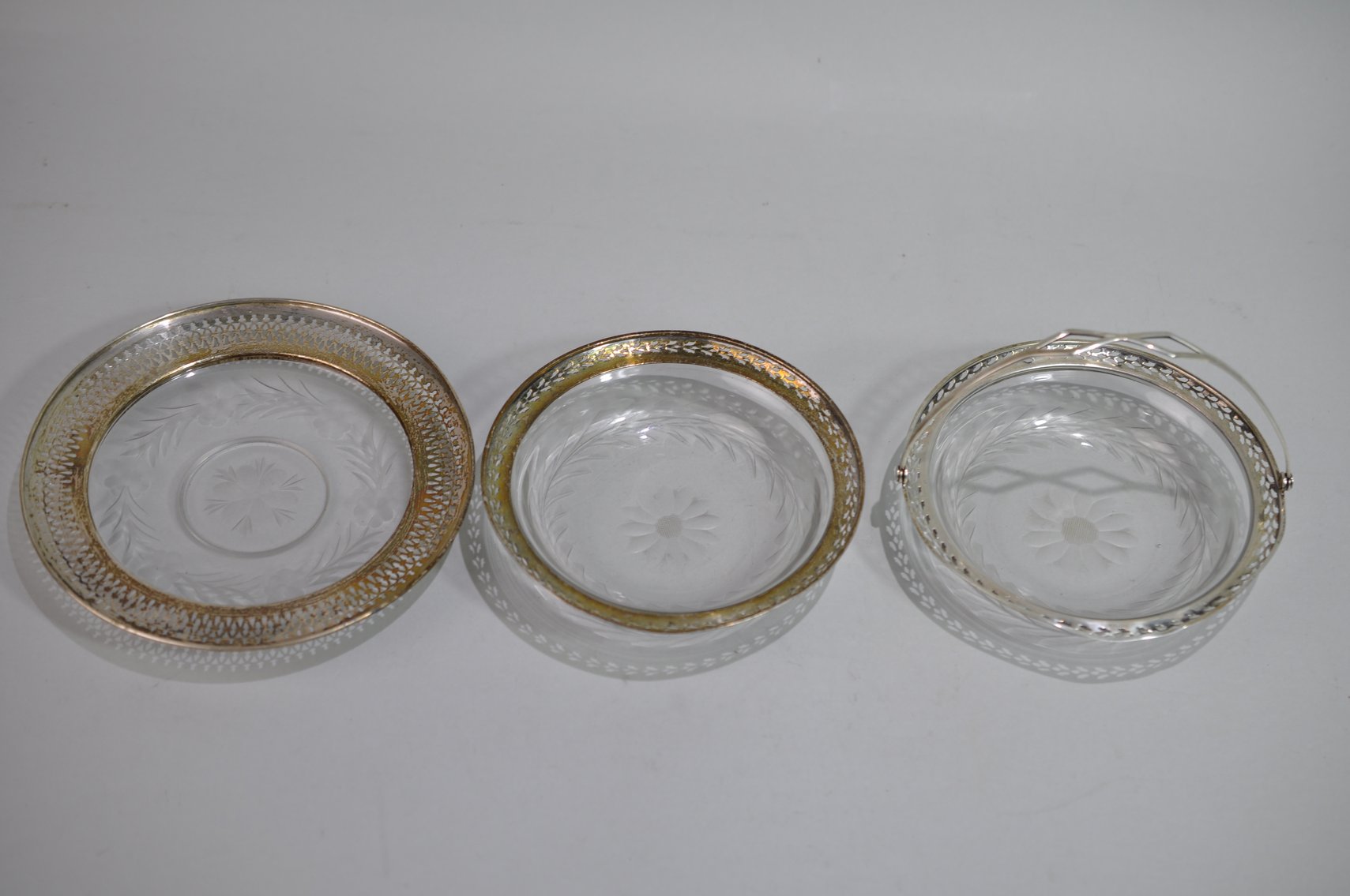 Etched Glass & Sterling Coasters/Candy Dishes