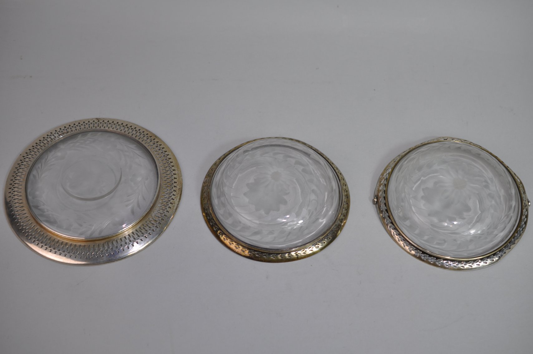 Etched Glass & Sterling Coasters/Candy Dishes