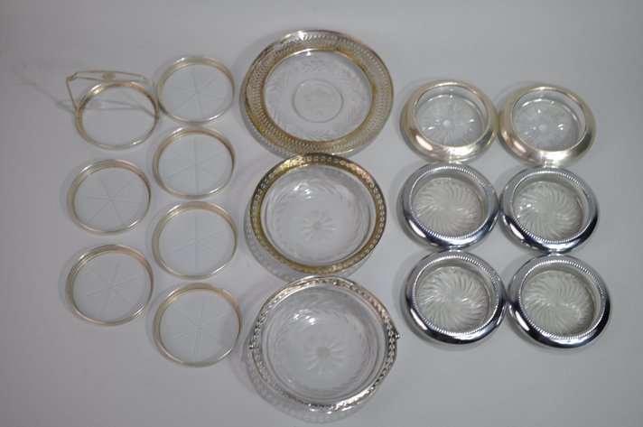 Etched Glass & Sterling Coasters/Candy Dishes