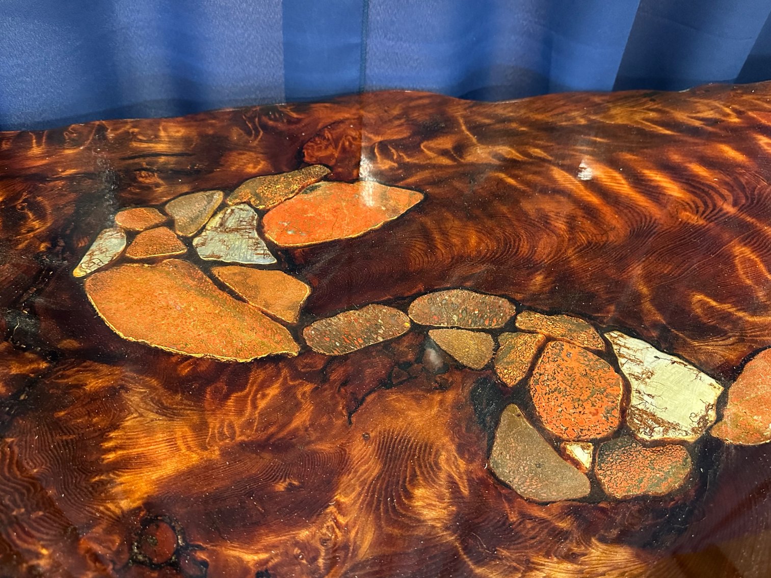 Joni Hamari Dinosaur Bone and Meteor Inlaid Redwood Table