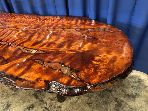 Joni Hamari Dinosaur Bone and Meteor Inlaid Redwood Table