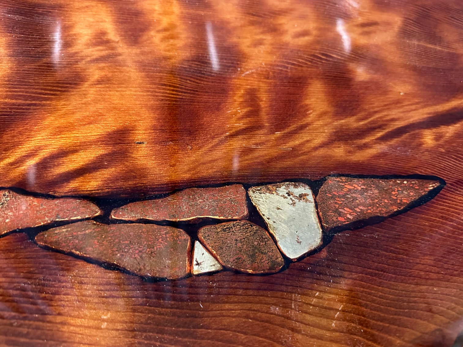 Joni Hamari Dinosaur Bone and Meteor Inlaid Redwood Table