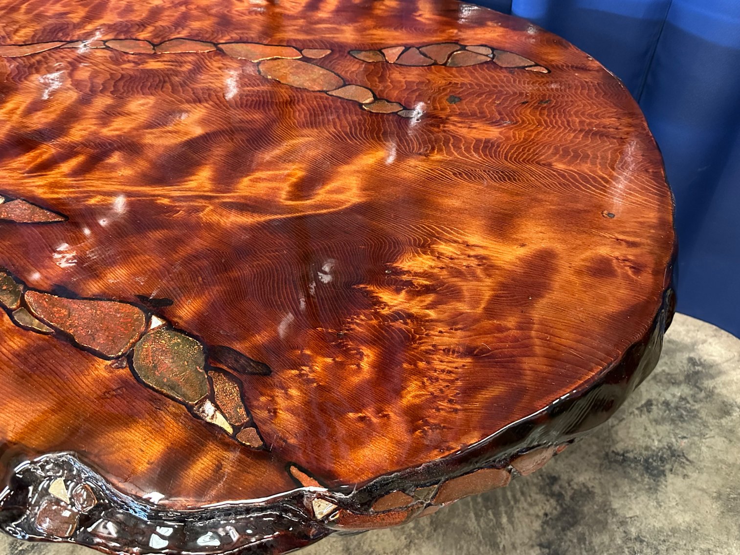 Joni Hamari Dinosaur Bone and Meteor Inlaid Redwood Table