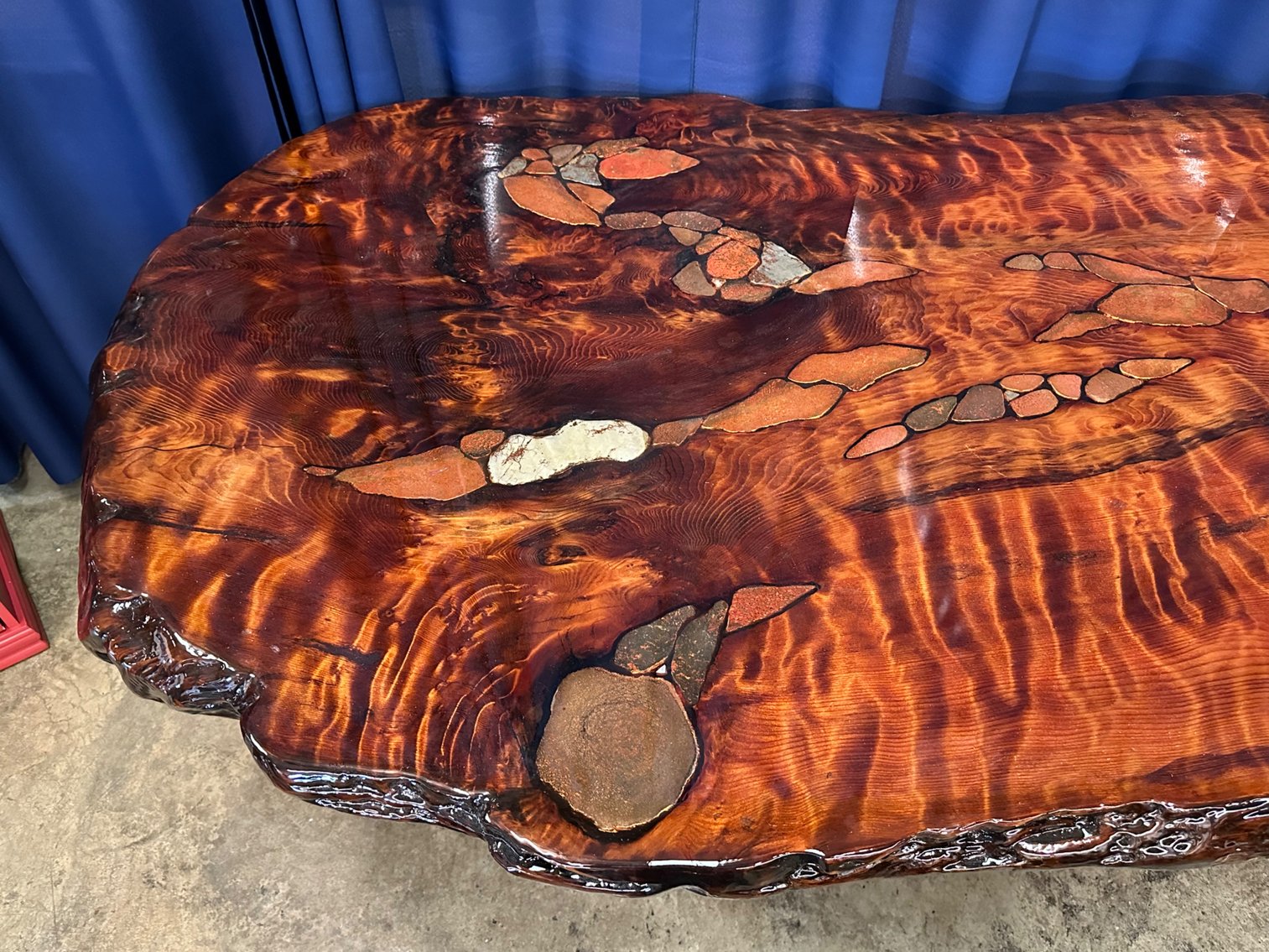 Joni Hamari Dinosaur Bone and Meteor Inlaid Redwood Table