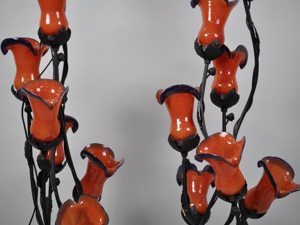 Wrought Iron Floor Lamp Set w/Glass Shades