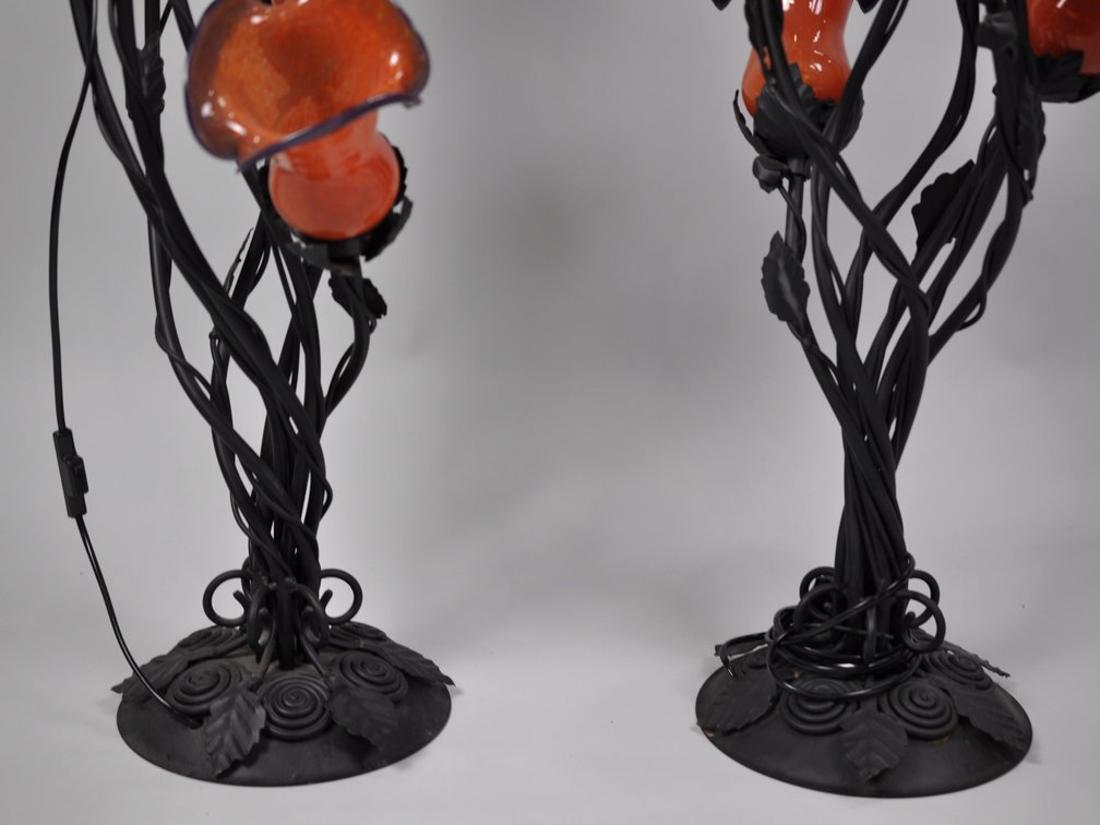 Wrought Iron Floor Lamp Set w/Glass Shades