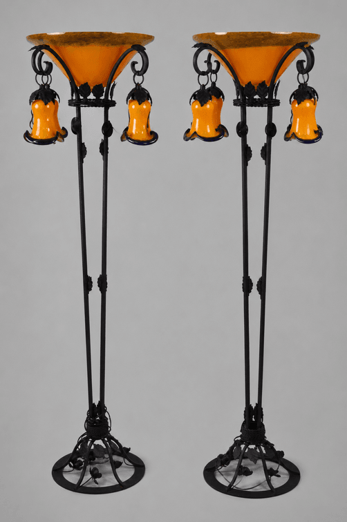 Art Deco Iron Floor Lamps w/ Orange Glass