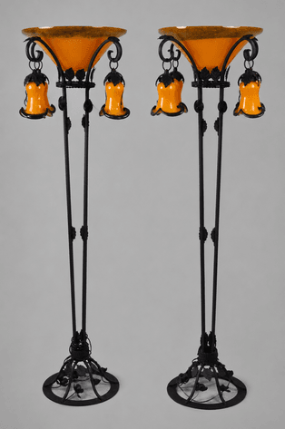 Art Deco Iron Floor Lamps w/ Orange Glass