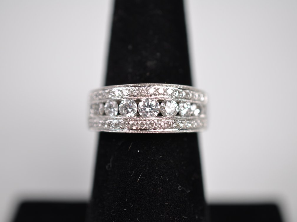 14K White Gold 3-Row Diamond Band Ring