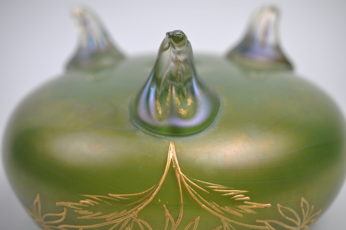 Loetz Style Green Iridescent Glass Rose Bowl