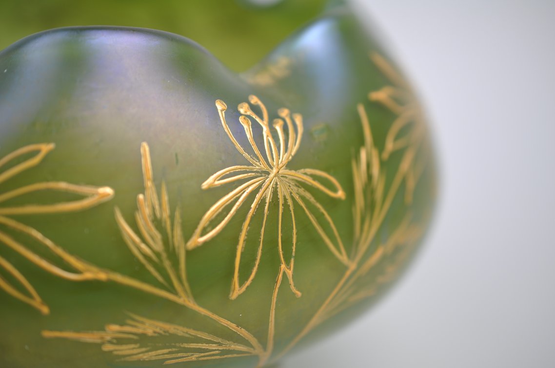 Loetz Style Green Iridescent Glass Rose Bowl