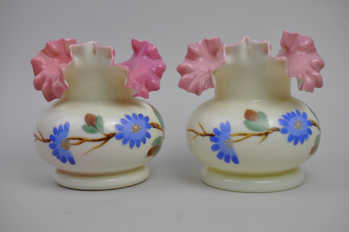 Uranium Glass Vases w/ Pink Ruffled Rim