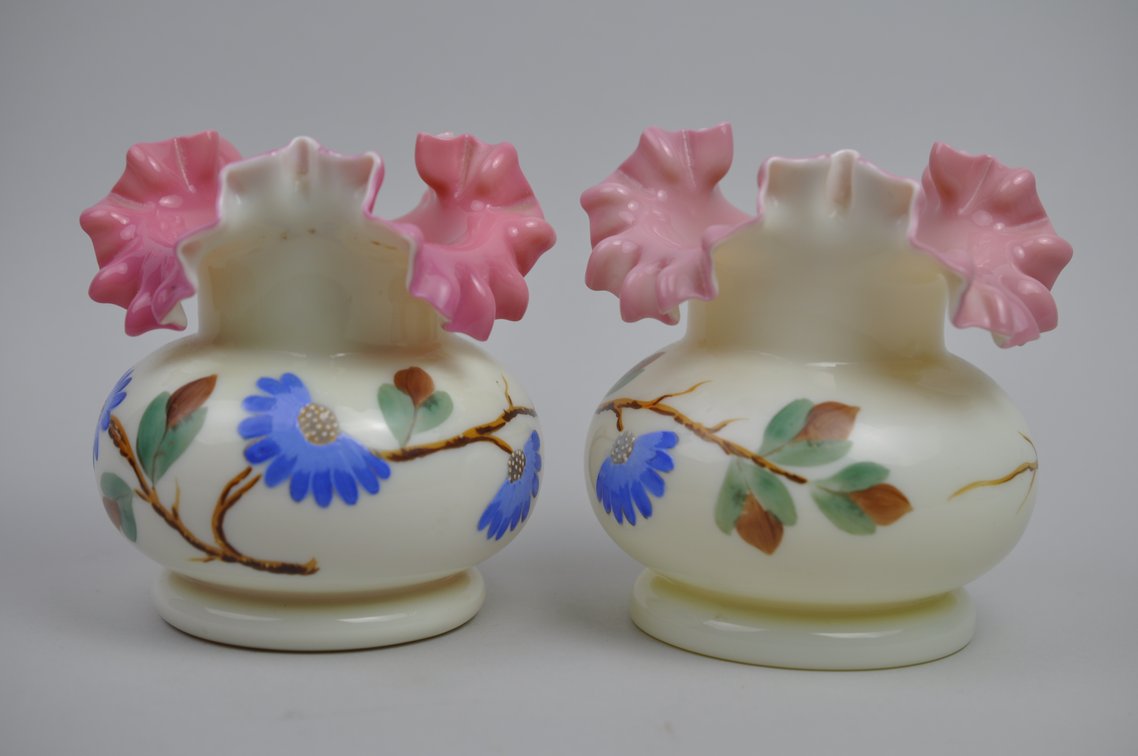 Uranium Glass Vases w/ Pink Ruffled Rim