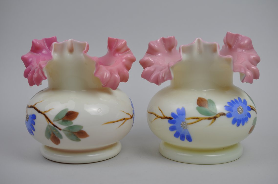 Uranium Glass Vases w/ Pink Ruffled Rim