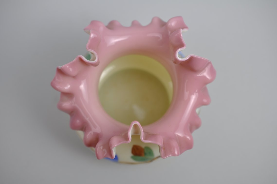 Uranium Glass Vases w/ Pink Ruffled Rim