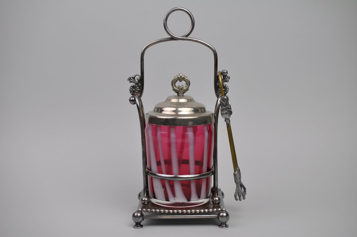 Meriden Cranberry Glass Pickle Castor + Utensil