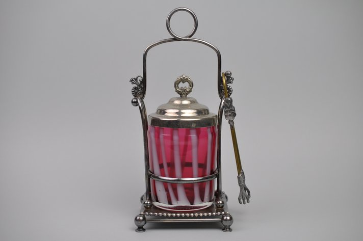 Meriden Cranberry Glass Pickle Castor + Utensil