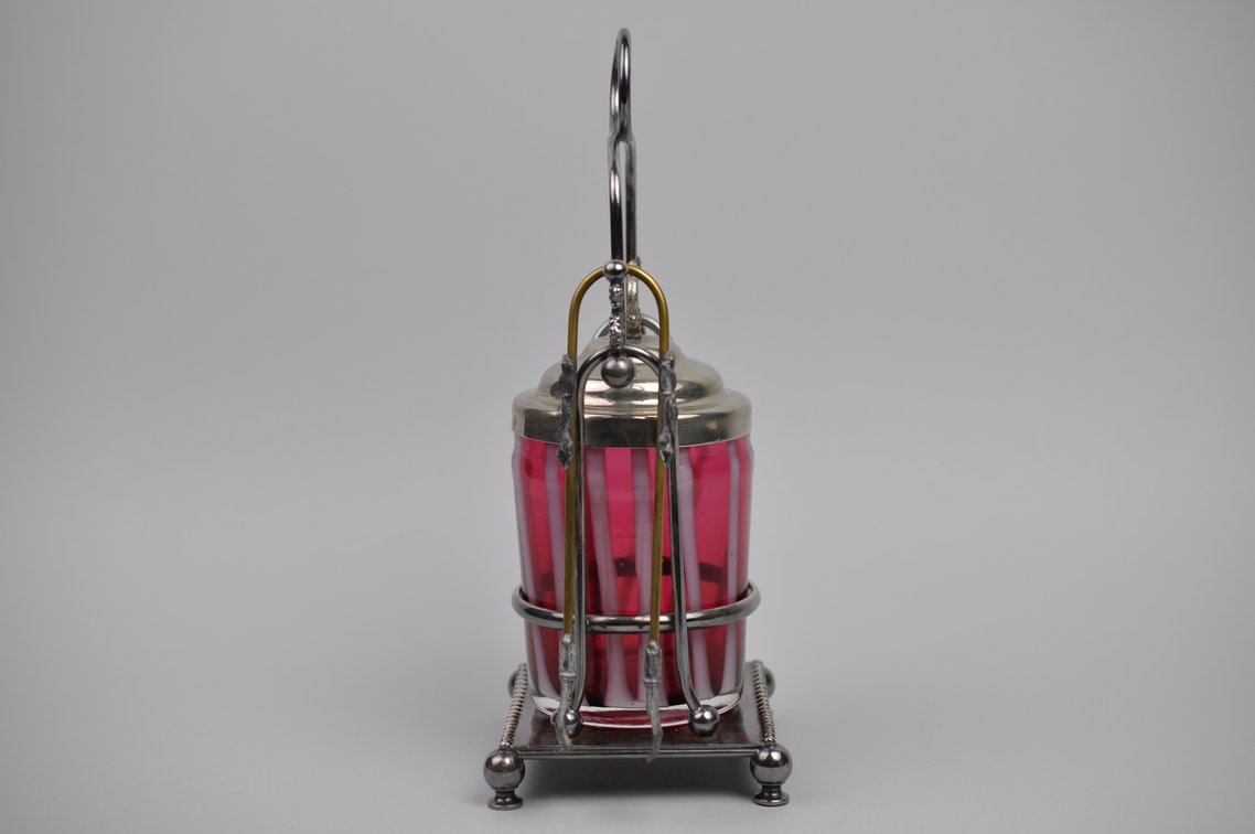 Meriden Cranberry Glass Pickle Castor + Utensil