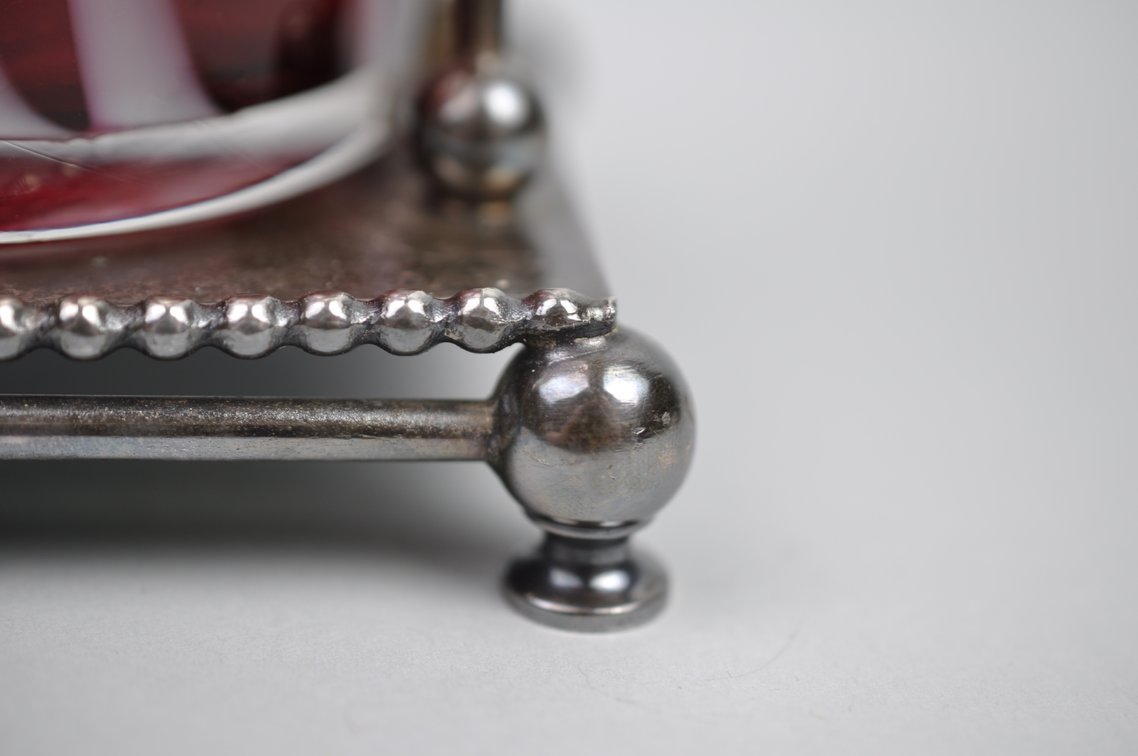 Meriden Cranberry Glass Pickle Castor + Utensil