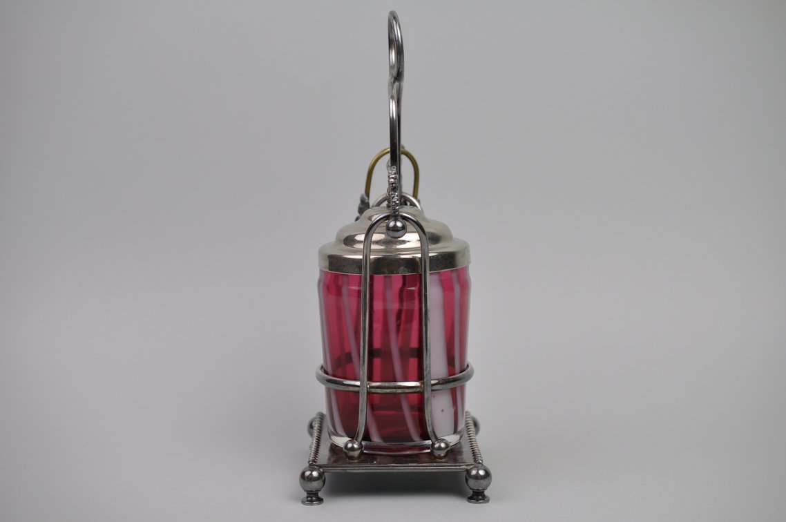 Meriden Cranberry Glass Pickle Castor + Utensil