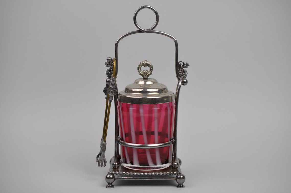 Meriden Cranberry Glass Pickle Castor + Utensil