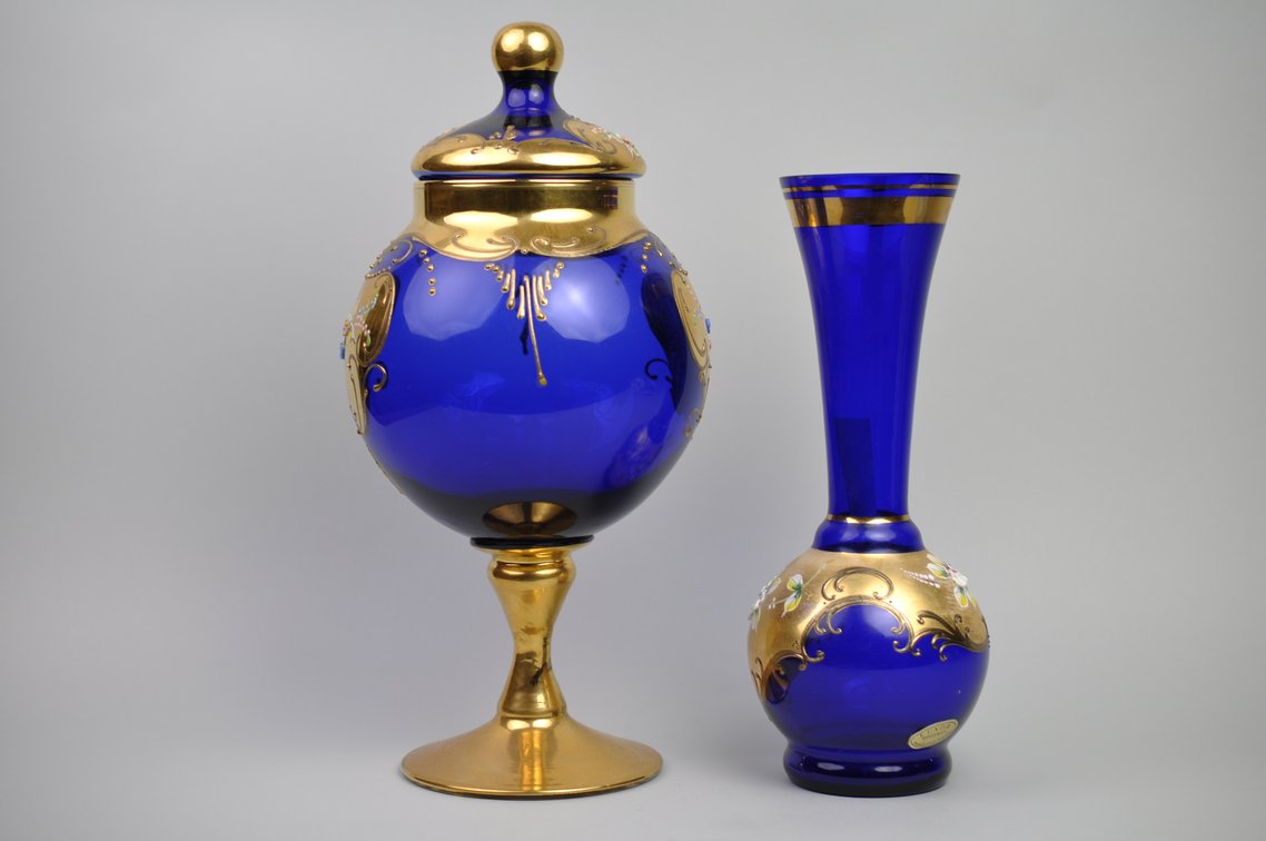 Bohemian Czech Cobalt Vase and Canister