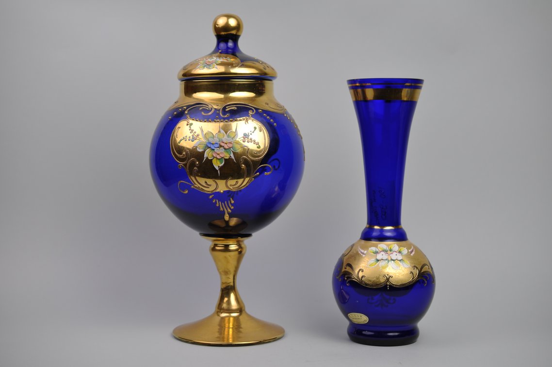 Bohemian Czech Cobalt Vase and Canister