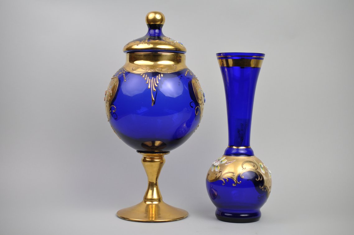 Bohemian Czech Cobalt Vase and Canister