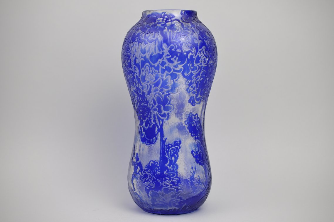 Cameo Etched Cobalt Vase