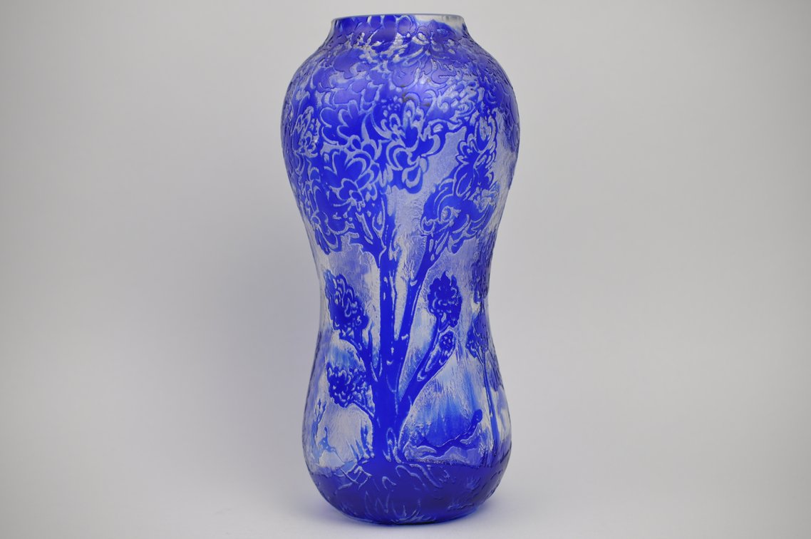 Cameo Etched Cobalt Vase