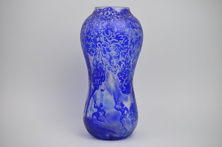Cameo Etched Cobalt Vase