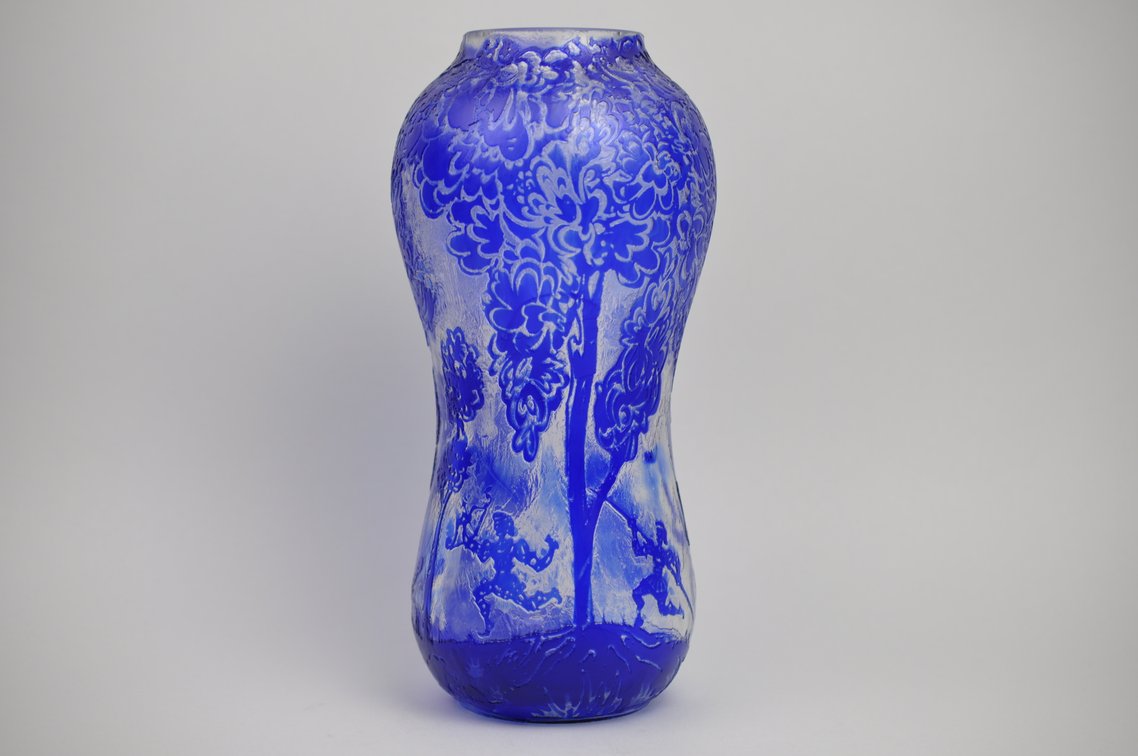Cameo Etched Cobalt Vase