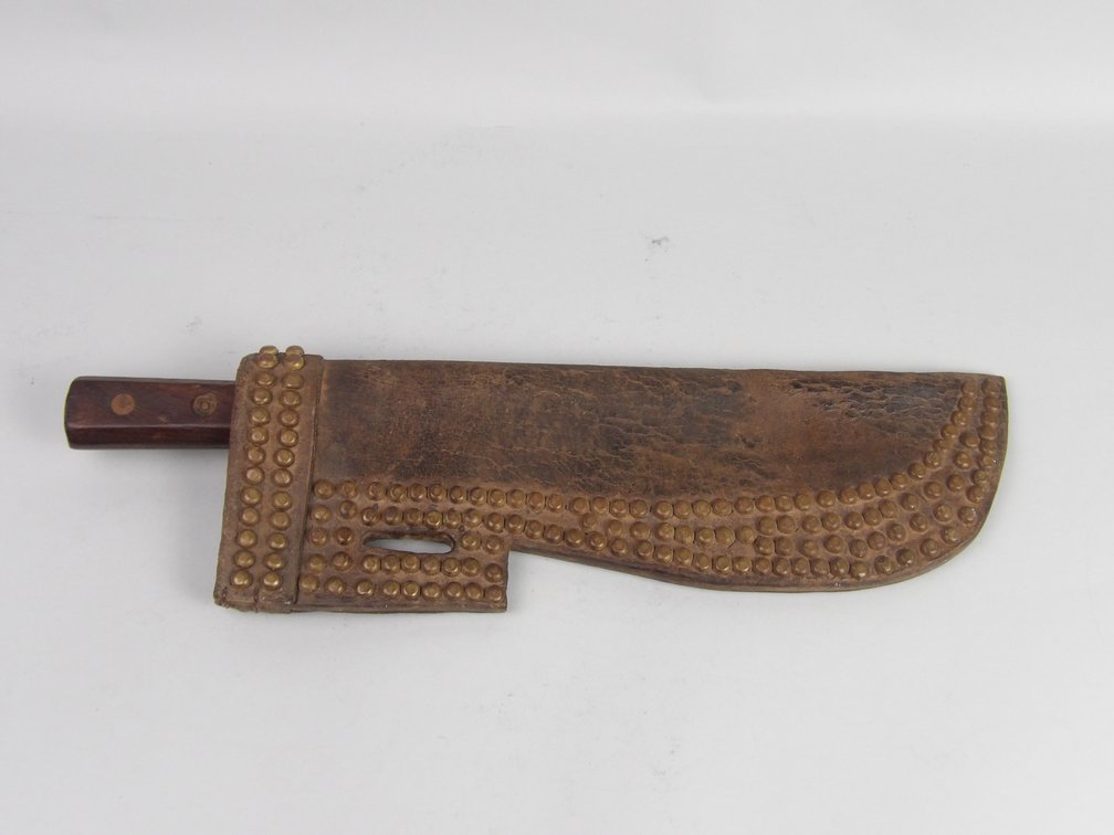 Attributed Blackfoot / Northern Plains Trade Knife with Brass Tacked Leather Sheath