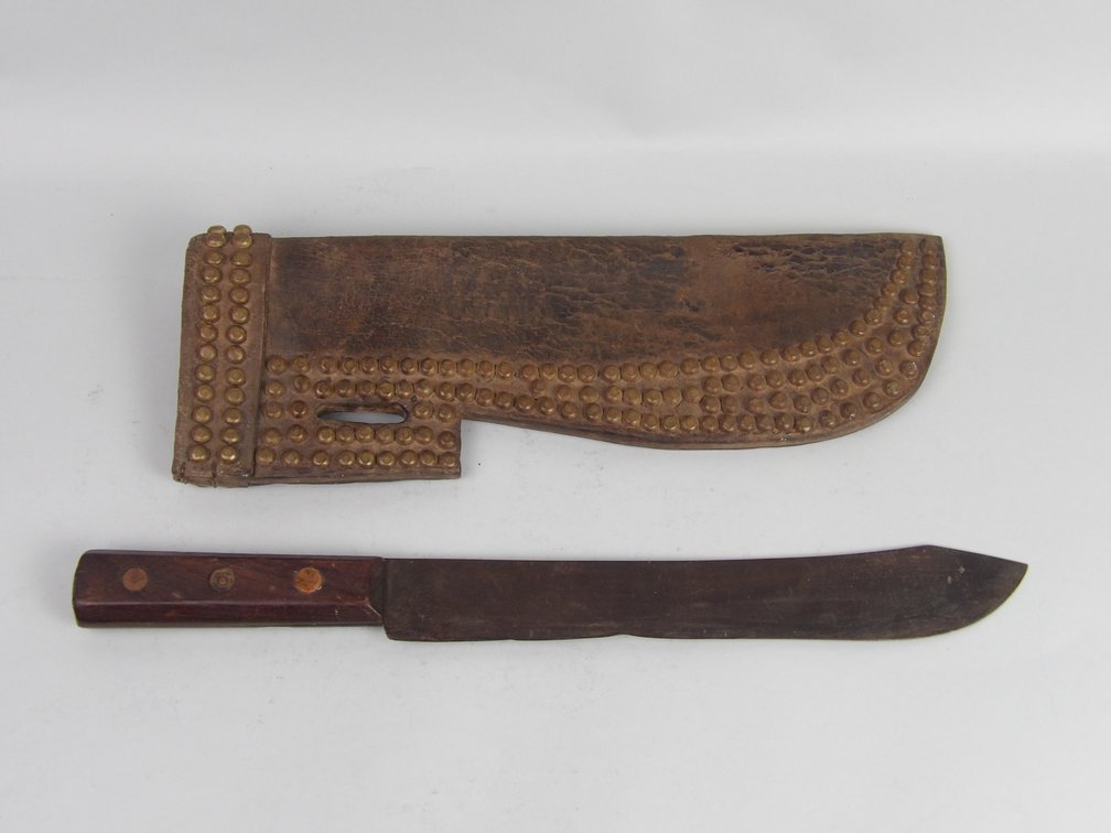 Attributed Blackfoot / Northern Plains Trade Knife with Brass Tacked Leather Sheath