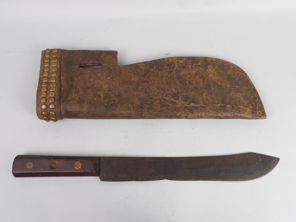 Attributed Blackfoot / Northern Plains Trade Knife with Brass Tacked Leather Sheath