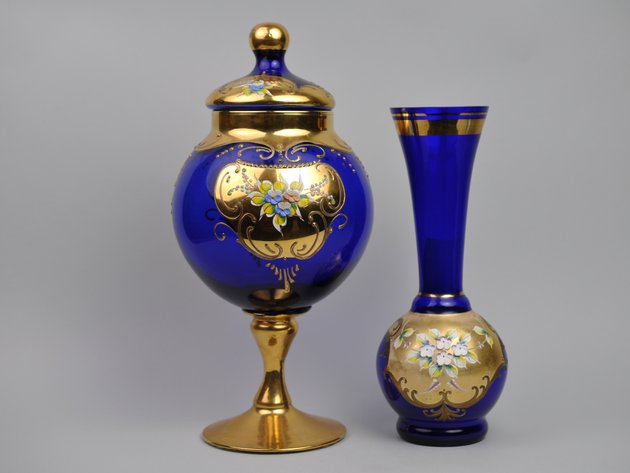 Bohemian Czech Cobalt Vase and Canister