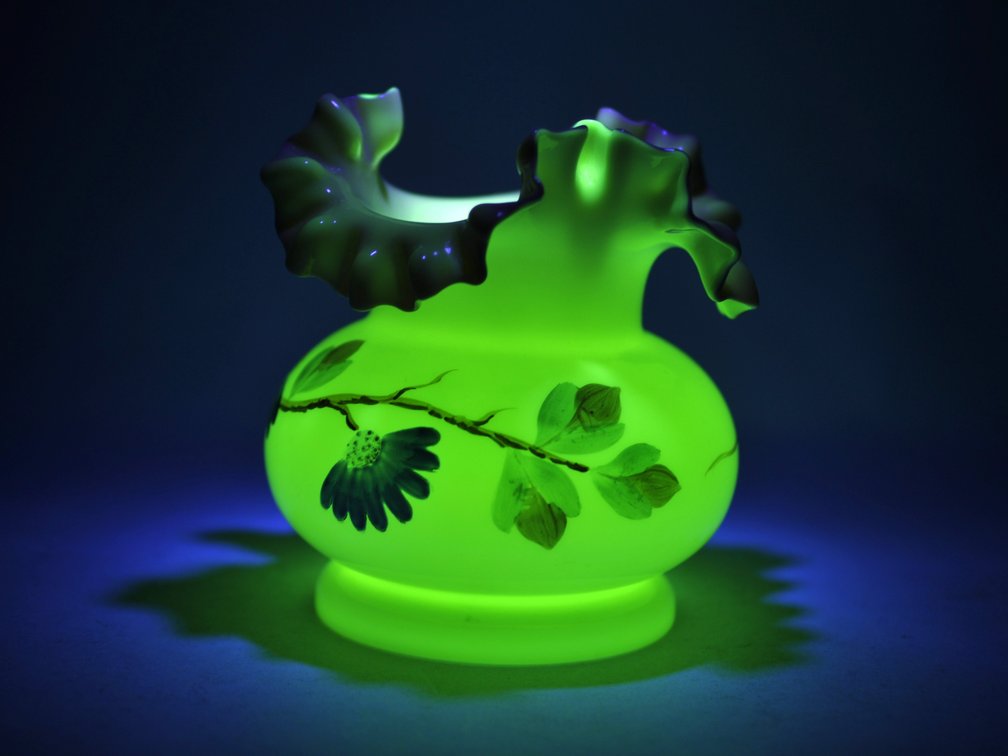 Uranium Glass Vases w/ Pink Ruffled Rim
