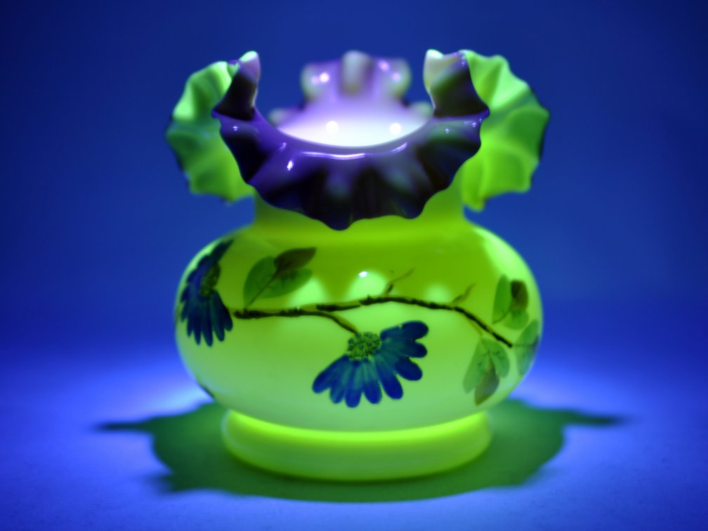 Uranium Glass Vases w/ Pink Ruffled Rim