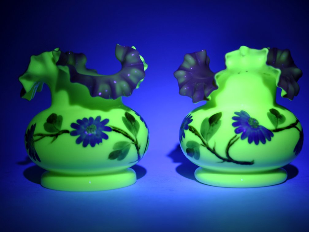 Uranium Glass Vases w/ Pink Ruffled Rim