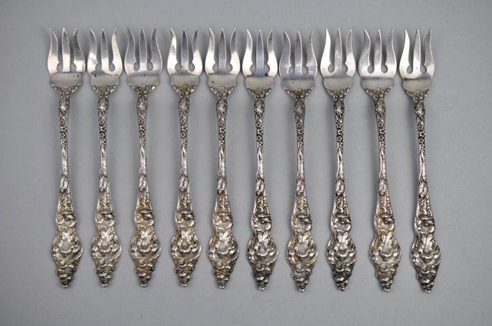 Reed & Barton Les Six Fleurs Sterling Cocktail Forks 10 Pc