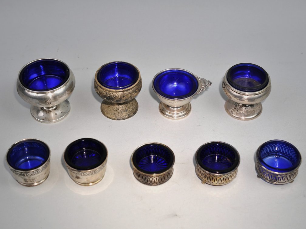 Sterling Silver Salt Cellars w/Blue Inserts