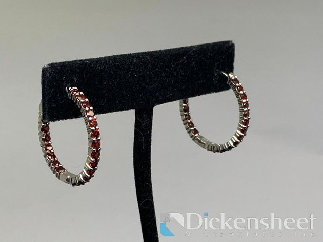 Image for Silver Tone Hoop Earrings With Red Stones