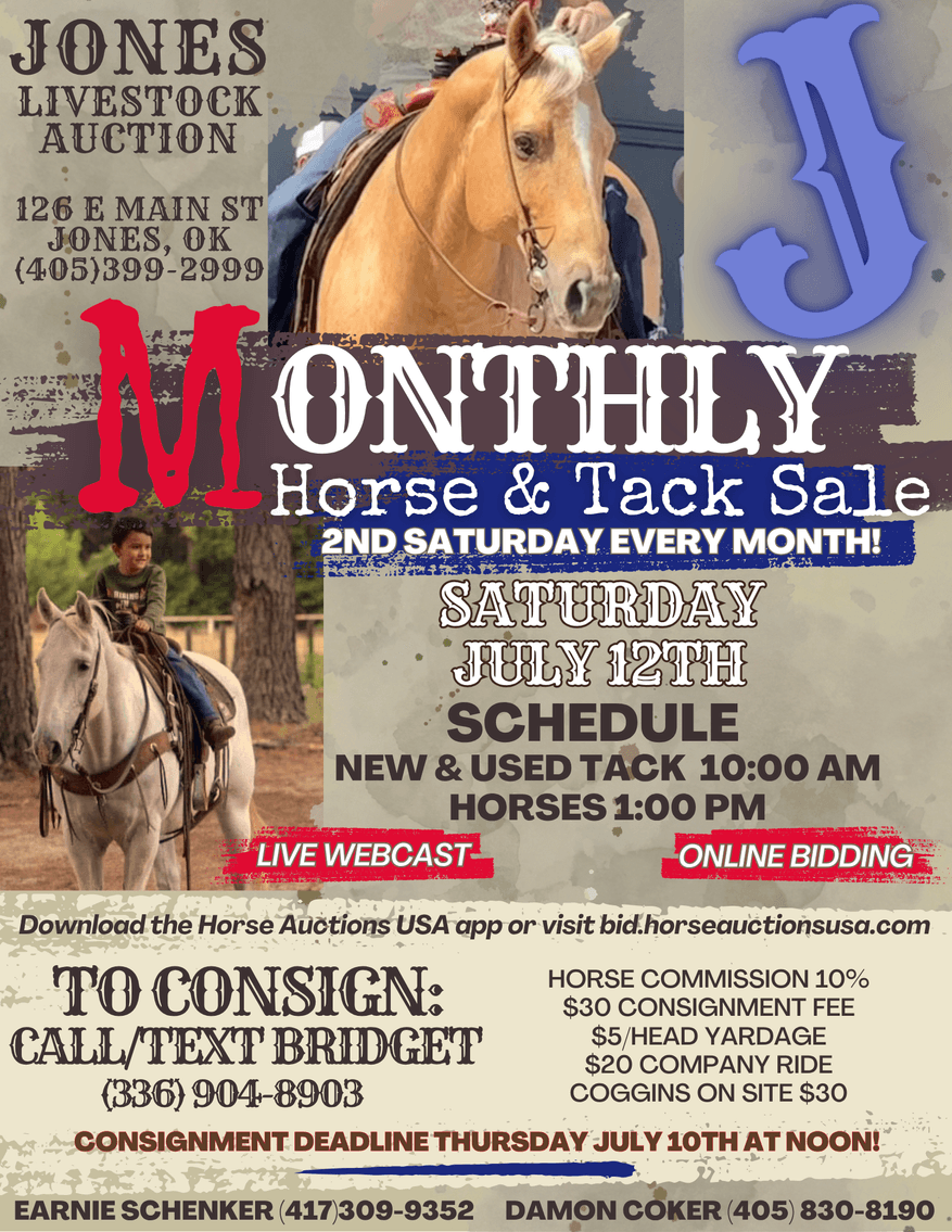 Image for Jones Livestock Auction MONTHLY HORSE & TACK SALE!   SATURDAY, JULY 12TH!