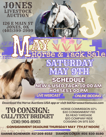 Image for Jones Livestock Auction HORSE & TACK SALE!   SATURDAY, MAY 9TH