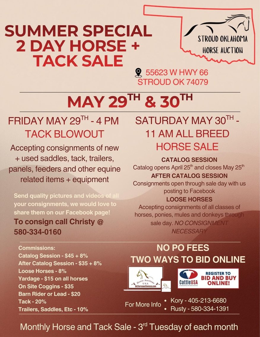 Image for Stroud Oklahoma Horse Auction Summer Special - SATURDAY, MAY 30TH - Stroud, Oklahoma